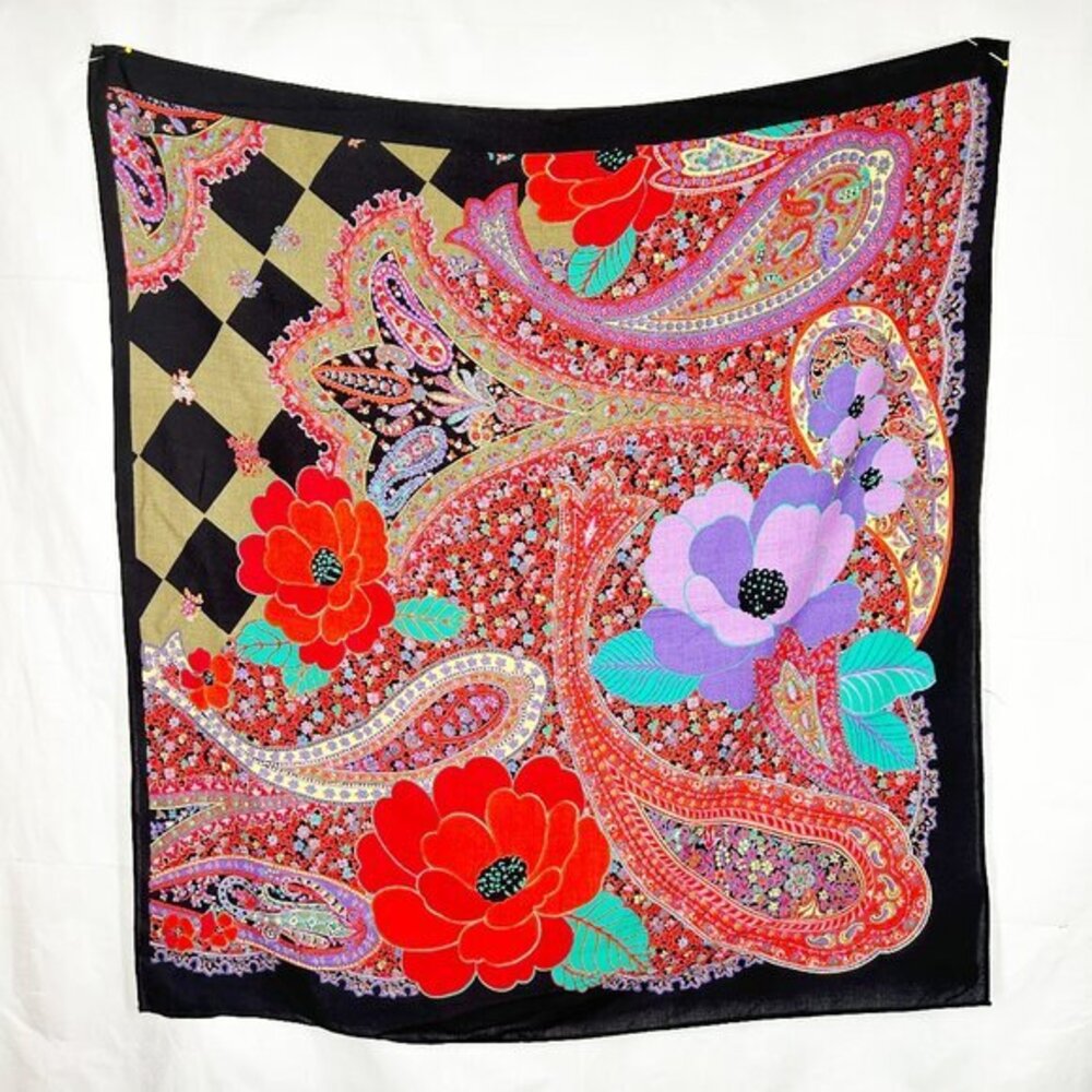 Bold Vivid Scarf Square Purple Red Teal Black Floral Paisley Checks Rayon